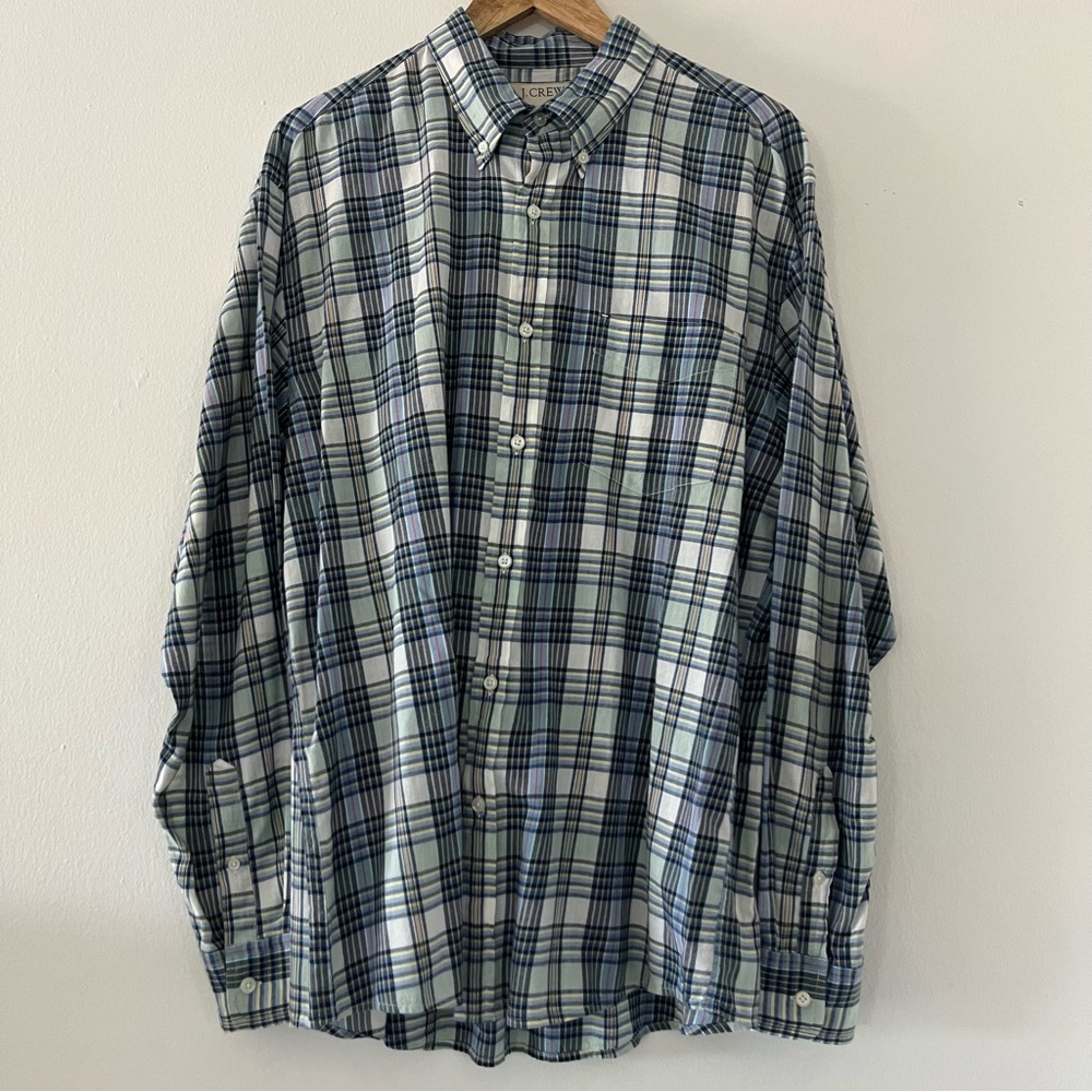 J. Crew Men's Light Green and Blue Plaid Button-Down Shirt Size Large
